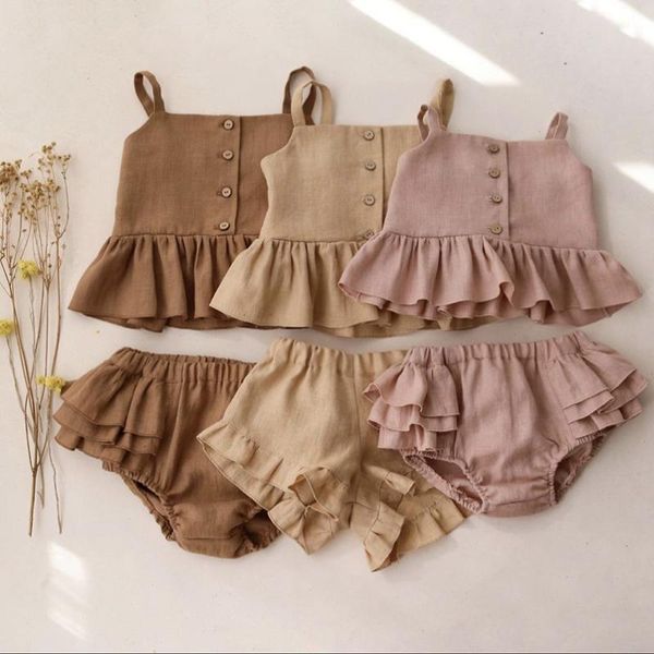 

clothing sets linen summer button-front for girls clothes ruffles lace hem strap shirt adorable triple layers bloomer shorts kids, White