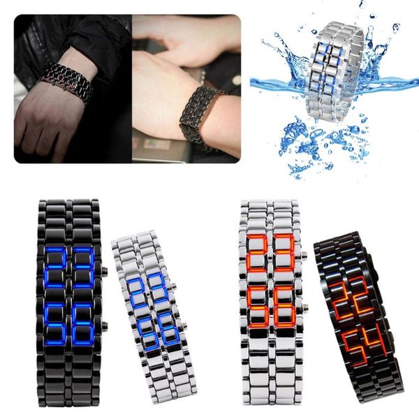 

wristwatches women's men's volcanic lava iron samurai metal faceless bracelet sport led watch, Slivery;brown