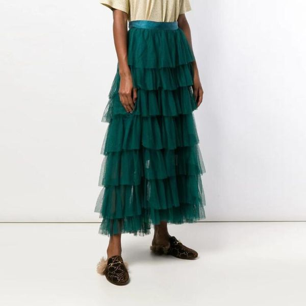 

skirts 2021 chic teal tiered ankle length tulle for women to party zipper custom made skirt fashion female bottom saias, Black