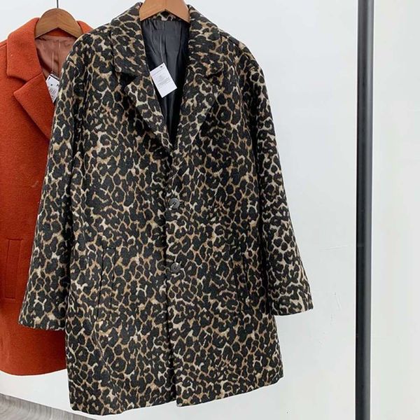 

2021gvb14 leopard plaid lapel loose single breasted long sleeve women's tweed coat, Black