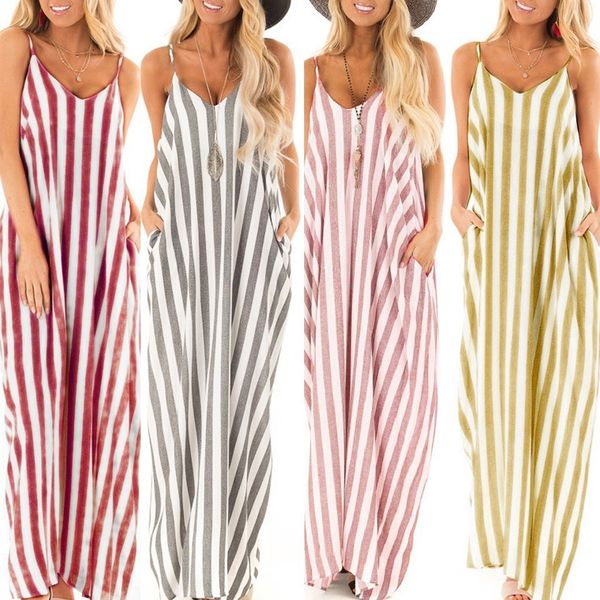 

women boho striped loose dress 2021 summer maxi long dress sleeveless strap beach dress sundress vestidos for female#j30 m19y, Black;gray