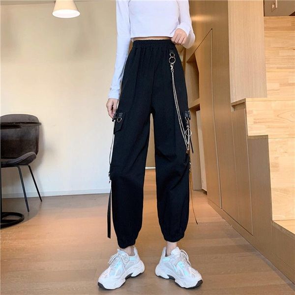 

plus size harajuku black cargo pants women sport hip hop sweat pants with belt pantalones de mujer jogger kobieta spodnie, Black;white