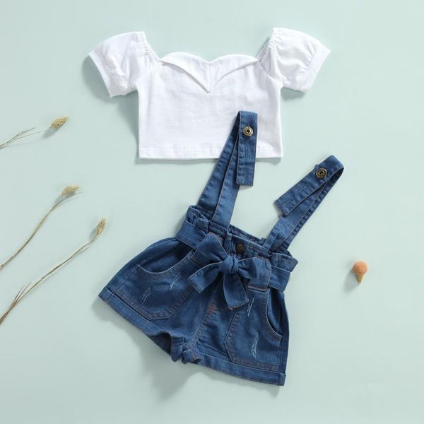 

clothing sets girl clothes set fashion toddler girls short sleeve denim suspender shorts 2pcs summer outfit 1-6y, White