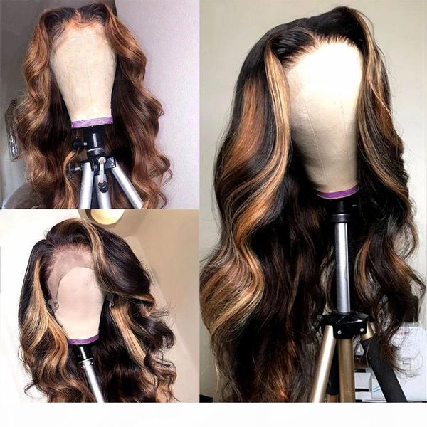 

highlight wig brazilian body wave lace front human hair wigs brazilian remy human hair 13x1x6 transparent lace wig, Black;brown