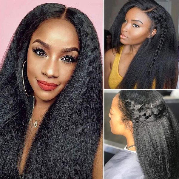 

kinky straight human hair lace frontal wigs yaki coily front for black women 130% density transparent hd 360 wig, Black;brown