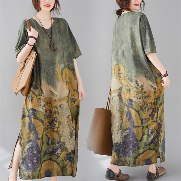 

party dresses dress women summer vintage elegant ladies peacock printing breathable loose v-neck side slit oversize short sleeve vestido, White;black