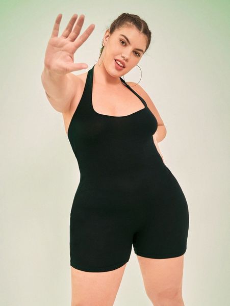 

plus backless rib knit romper z5k3#, Black