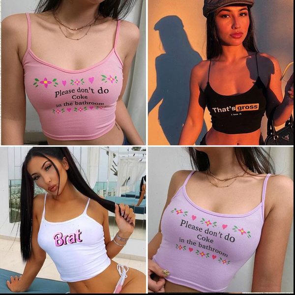 

women summer strappy letter print tank vest short crop ladies camis tees, White