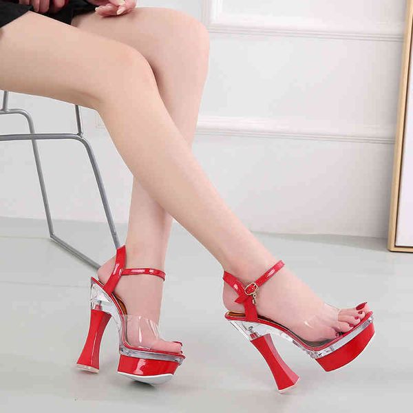 

dress shoes femal women sandals platform high heels 14cm open toe ladies transparent model catwalk pumps 48kn, Black