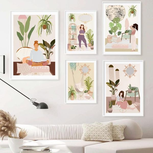 

paintings yoga woman plant monstera boho wall art canvas interior painting nordic posters and prints pictures for living room decor
