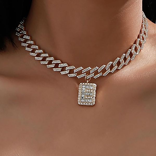 

luxury shiny golden cuban rhinestone letter e pendant necklace women punk popular simple thick necklaces bridal wedding jewelry, Silver