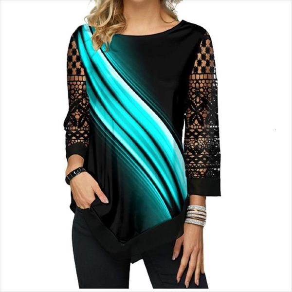 

spring 3d print long lace womens blouses sleeve splicing irregular loose ladies shirt 5xl plus size casual o neck, White