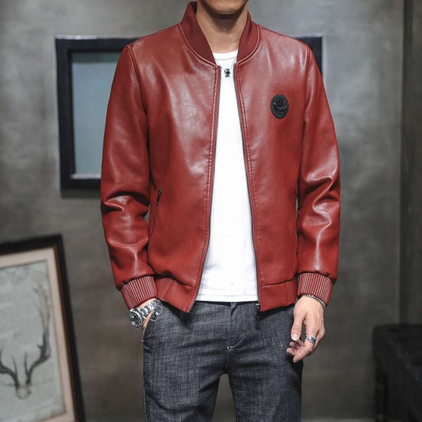 

spring and autumn new shirt baseball collar pu coat slim fit motorcycle leather jacket men's youth, Black;brown