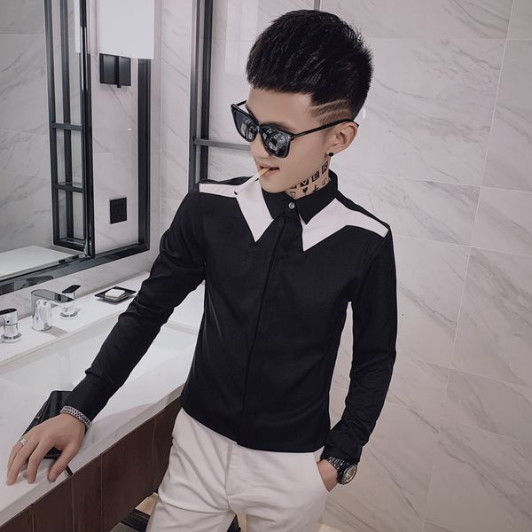 

new nova primavera coreana 2021 camisas masculinas de manga longa casual simples emendado design fino ajuste streetwear clube preto/branco 6, Black;brown