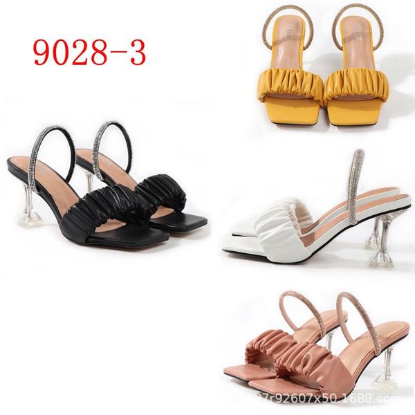 

slippers 2021 summer women high heel sandals ladies pleated square toe .5cm transparent slide plus size 41, Black