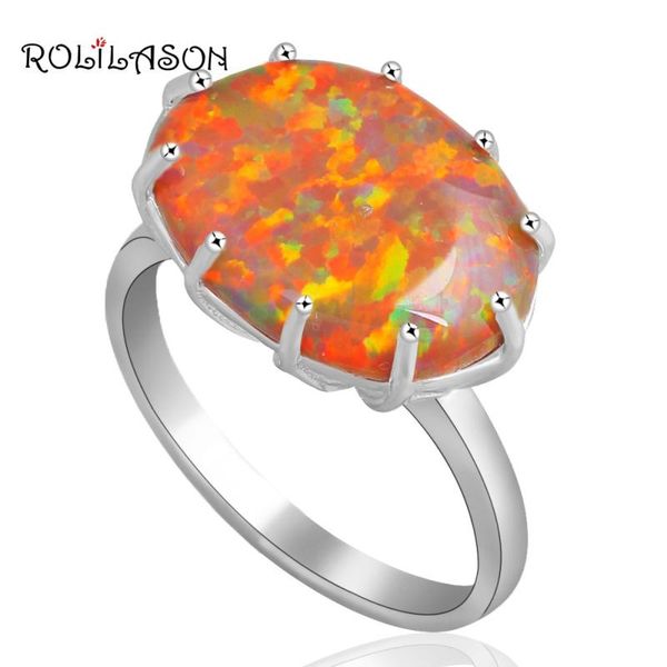 

cluster rings rolilason chic style oval charming orange fire opal silver ring fashion jewelry usa size #6 #7 #8 #9 or610, Golden;silver