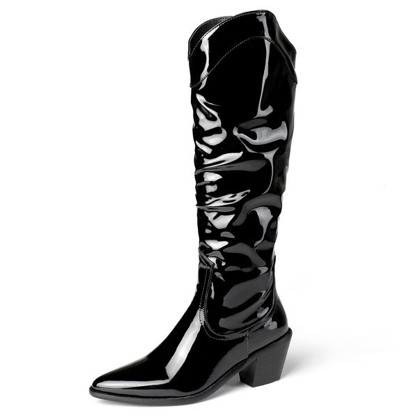 

patent for fall and winter women's knee 2021 shiny leather pointed to the thick toe v-mouth boots encr, Black