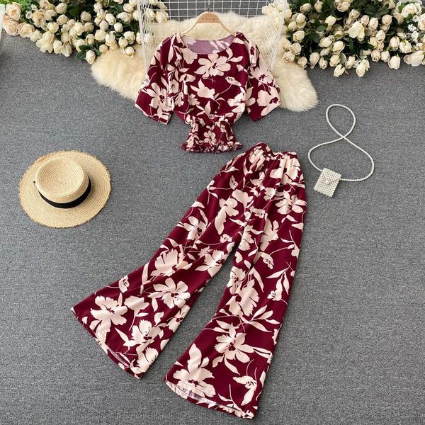 

women's two piece pants summer women bohemian floral beach set elastic ruched slim short +high waist wide leg long suits, White
