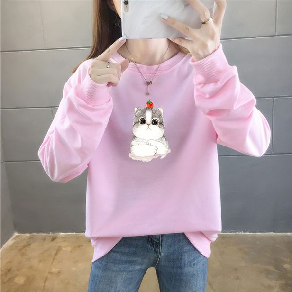 

women's sweater thin 2021 spring and autumn korean version cartoon printing round neck long sleeve loose coat female student, Black