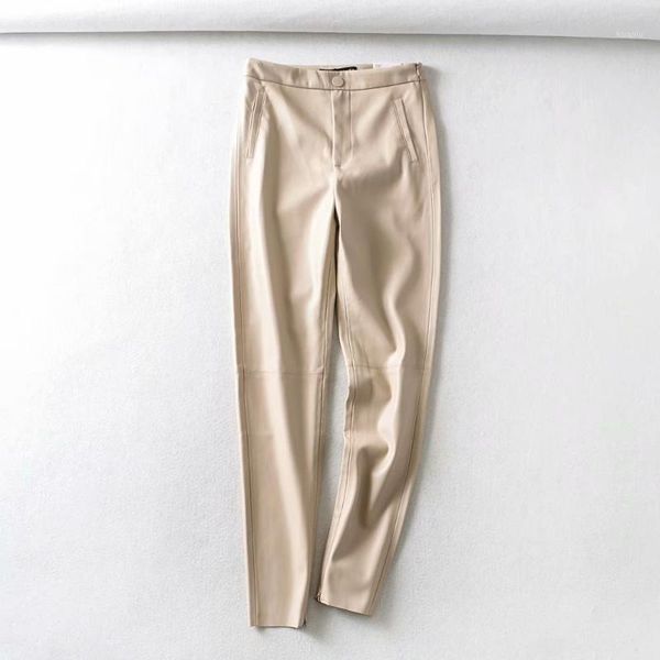 

women's pants & capris 2021 fashion autumn winter women high wasit faux leather trousers lady black beige fleece pu zippers skinny stre, Black;white