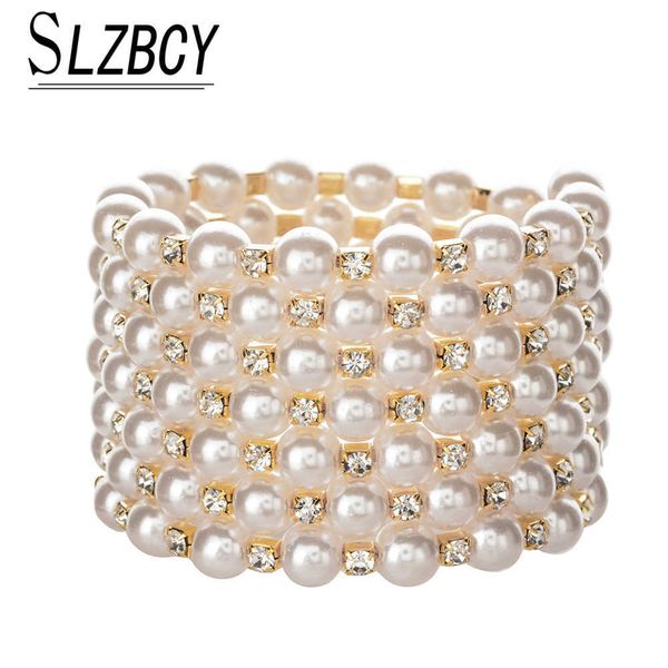 

slzbcy adjustable women wide multilayer beads chain bracelets crystal bangles luxury elastic pearl wristband jewelry q0719, Black