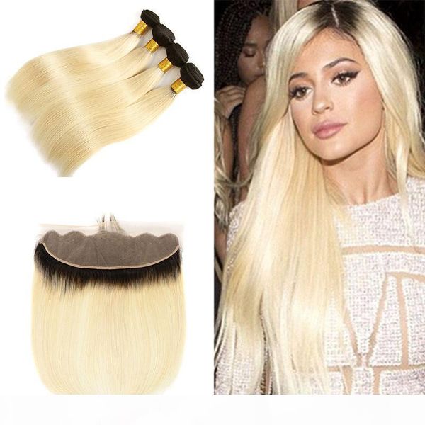 

two tone 1b 613 dark root ombre virgin human hair straight 3 bundles with 13x4 honey blonde ear to ear lace frontal closure, Black;brown
