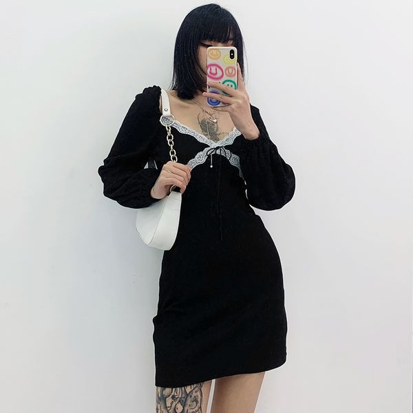 

white lace black bodycon short dress autumn puff sleeve harajuku mini dresses ladies party cotton v neck streetwear, Black;gray