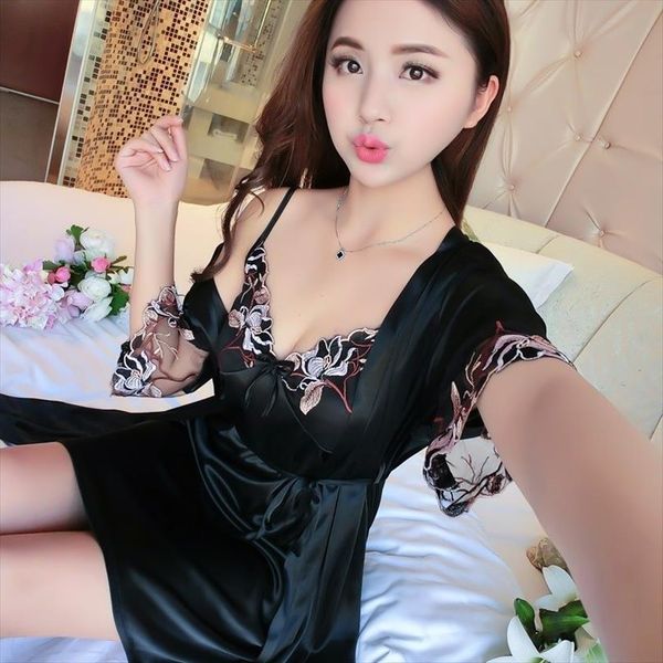 

pajamas fashion embroidery elegant women sleepwear pyjamas ice silk pijama, Black;red