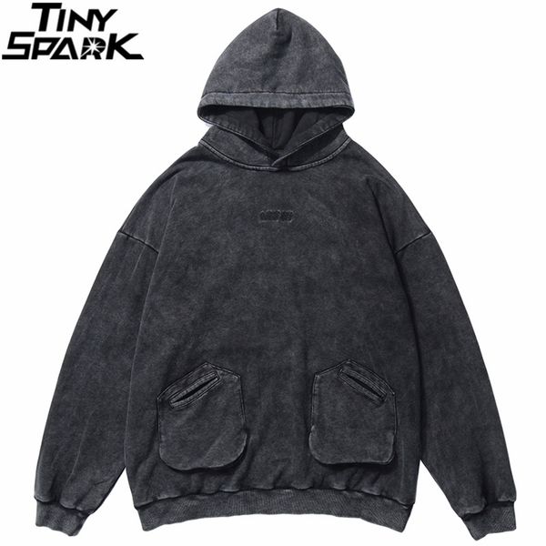 

men oversize hoodie sweatshirt hip hop autumn harajuku streetwear washed hoodies pullover pockets cotton loose street wear 201020, Black