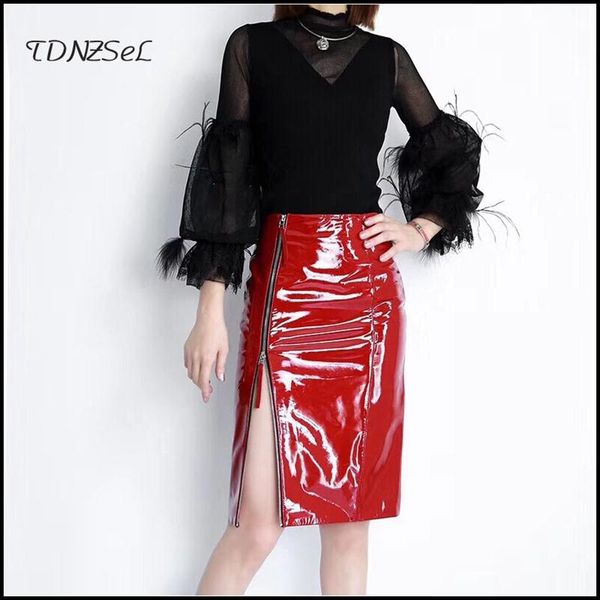 

skirts women's high waist latex faux leather zipper split office lady red black midi pencil skirt party shiny pu custom