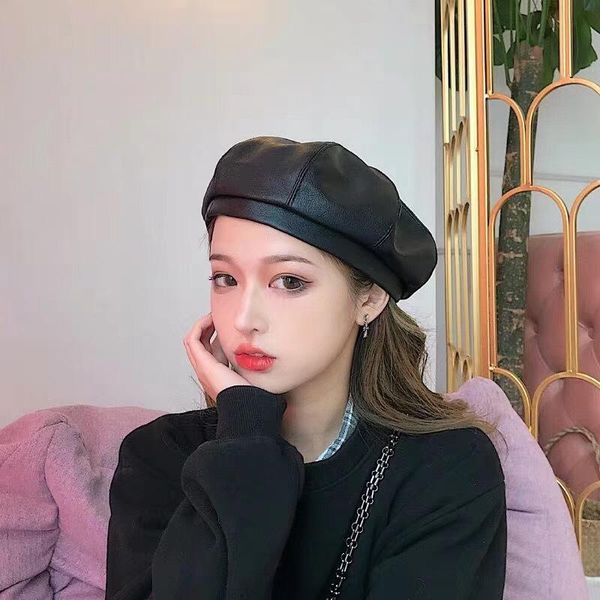

stingy brim hats retro autumn pu leather octagonal hat british painter winter fashion female black laides beret wholesale dropship, Blue;gray