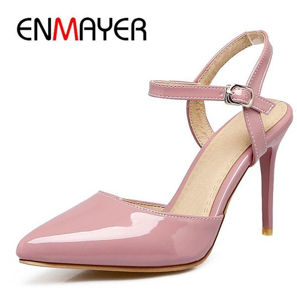 

dress shoes enmayer basic super high pu ladies pointed toe wedding buckle strap women fashion heel pumps size 34-45 ly1340, Black