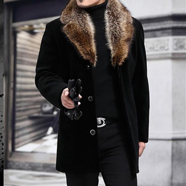 

men's wool & blends winter men long woolen coat fur collar warm male solid slim casual windbreaker jacket autumn fashion outwear plus s, Black