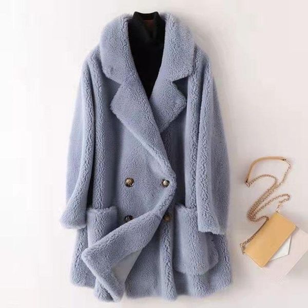

women's fur & faux real coat australian womens wool coats thick warm elegant loose large size long outwear winter for women, Black