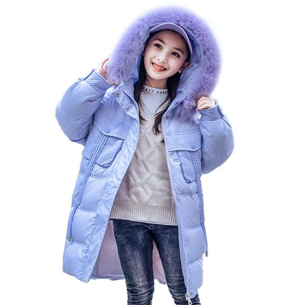 

down coat girls jacket solid puffer winter long sleeve hooded outerwear windproof overcoat kids loose snowsuit warm clothes, Blue;gray