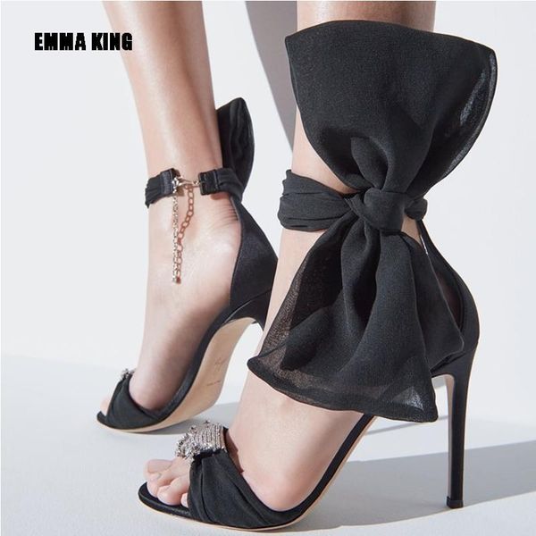 

sandals 2021women mesh bow high heels lady summer black elegant crystal decor party wedding shoes for women