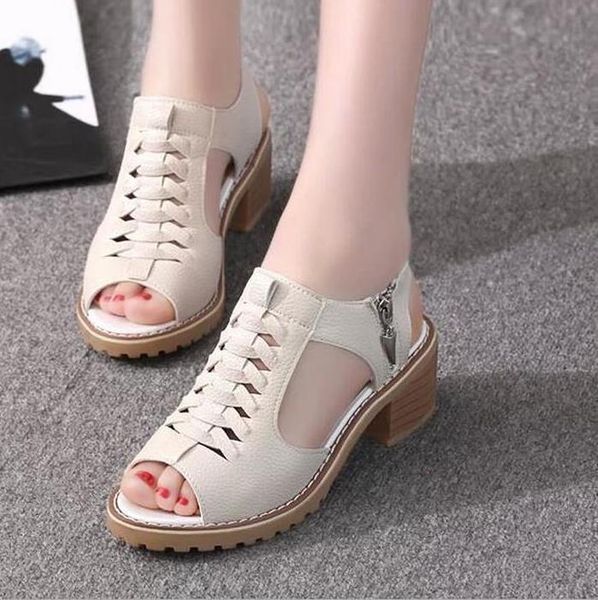 

sandals 2021 vintage elegant mid square heel women's summer style peep toe cross tied side zip design shoes woman, Black