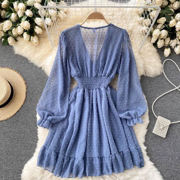 

casual dresses women's chiffon dot v neck a line dress for women summer autumn streetwear lantern sleeve ruffle mini holiday vestidos, Black;gray