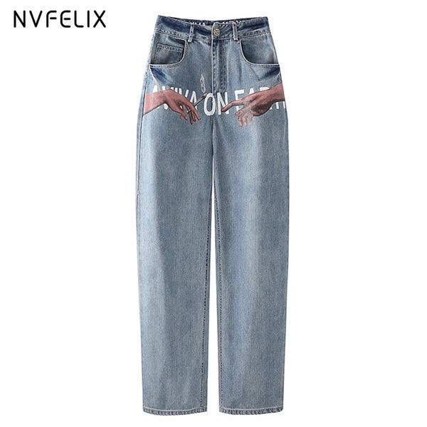 

high waist jeans women's pants mom printed loose wide leg straight traf fashion denim streetwear trousers for female 210924, Blue