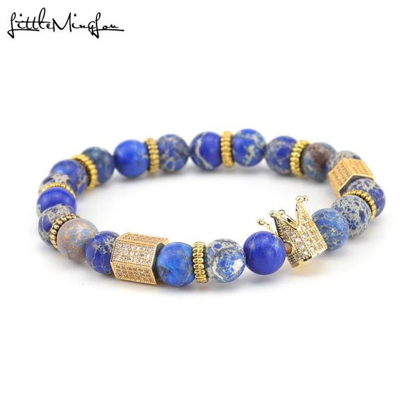 

charm bracelets luxury crown bracelet micro pave white cz hexahedron charms natural stone beads men bangles for jewelry pulseira, Golden;silver