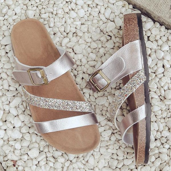 

sandals roman summer shoes woman glitter cork three narrow band platform slippers female big size beach sandalias gold slides, Black
