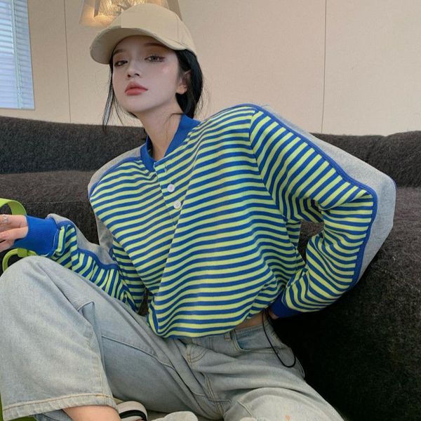

women's hoodies & sweatshirts pullovers women autumn retro green and blue striped oversize sweatshirt hip ulzzang japanese girls, Black