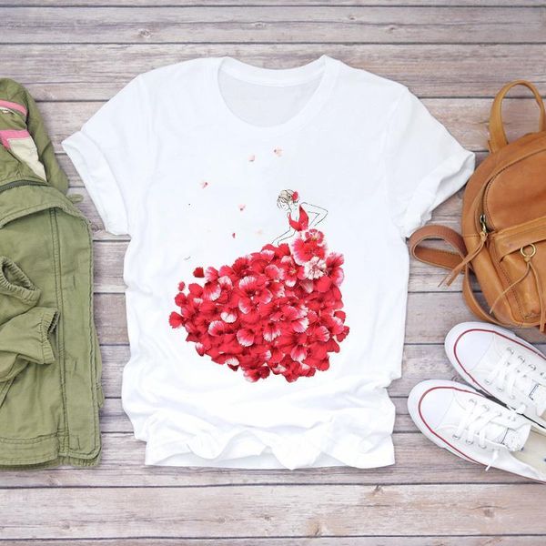

womens t-shirts elegant fashion cute kawaii 90s floral ladies lady floral women print ladies t graphic female tee t-shirt, White