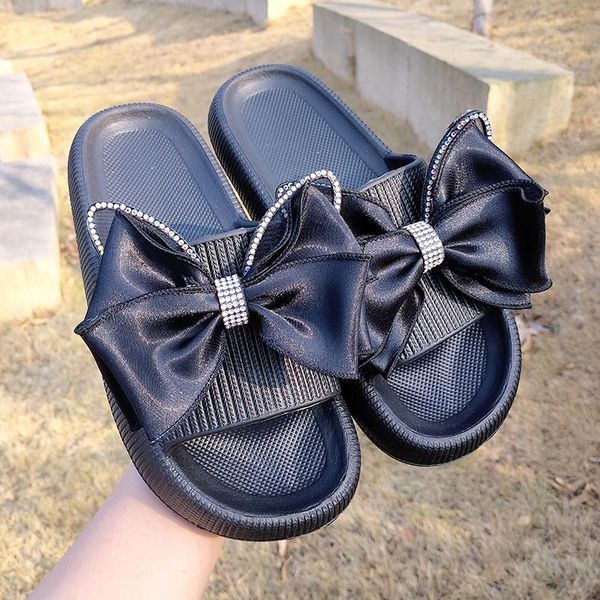 

butterfly-knot med slippers casual beach shoes slides platform luxury soft sabot summer flat fabric fashion butterfly-knot pu, Black