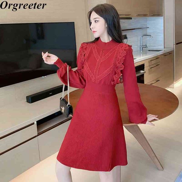 

arrival women sweater dress autumn winter o-neck lantern sleeve lace trim slim a-line striped elegant bottoming knit 210525, Black;gray