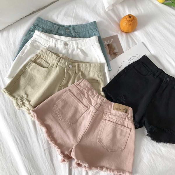 

elegant ripped hem denim shorts summer mid waist zipper fly casual woman bottoms straight leg loose jeans 210601, White;black