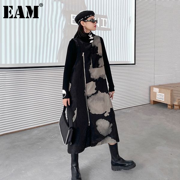 

[eam] women black pattern printed long temperament dress new round neck sleeveless loose fit fashion spring autumn 2021 1da260 210302, Black;gray