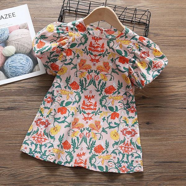 

girl floral girls party dress kids puff sleeve children summer clothing, Red;yellow