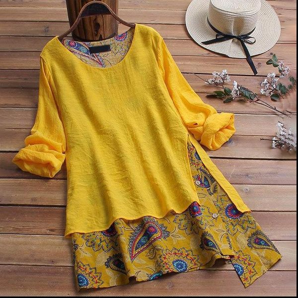 

plus size womens tunic vintage blouse patchwork long sleeve irregular floral print o neck shirt women 2021 loose ladies blouses, White