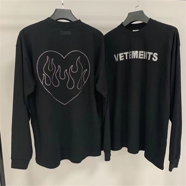 

2021 new flash drilling long sleeve t-shirt men women 1:1 back heart flame bling vetements t shirt rzlk, White;black